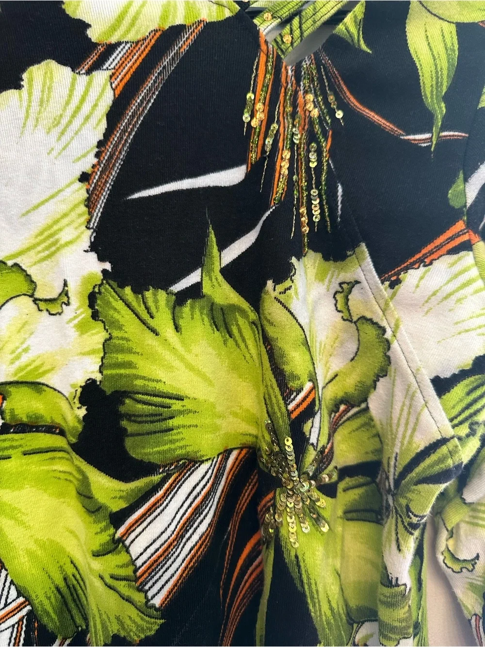Vintage Y2K Fashique Black & Green Floral Sequined Scoop Neck Blouse Large